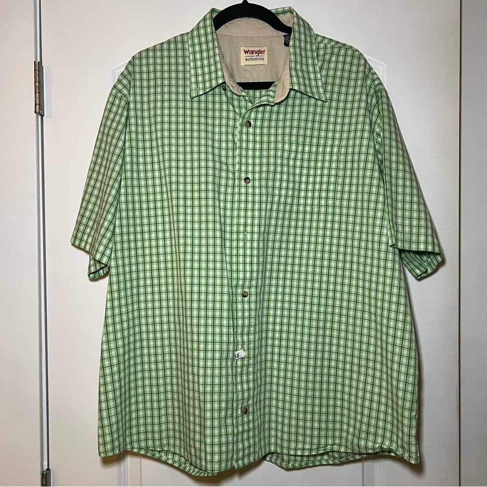 Wrangler Authentics Mens 2XL Green Plaid Short Sleeve Button Up Shirt Cotton
